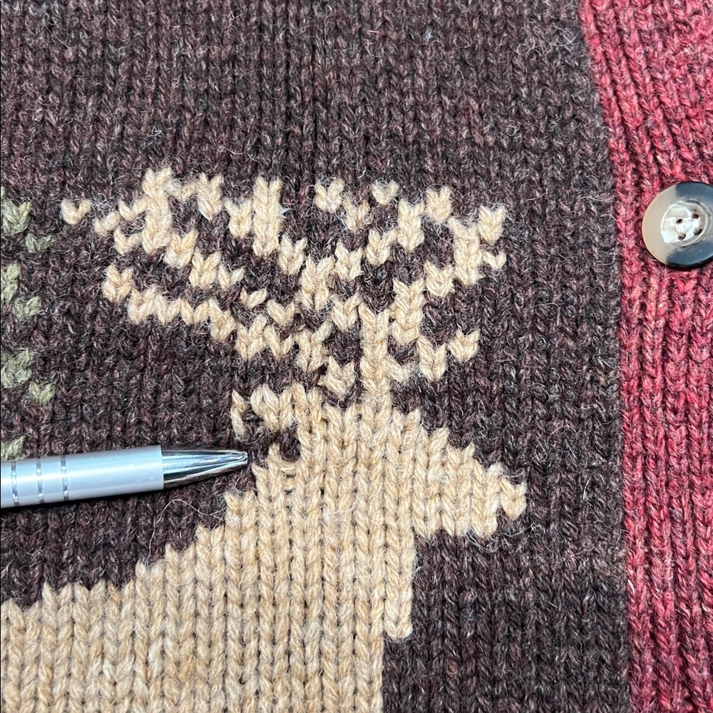 GH Bass Vintage Wool Button Up Sweater Cardigan Deer Tree Burgundy/Brown Medium - Picture 4 of 13